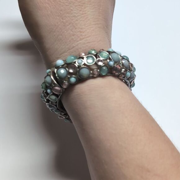 249 Vintage Silver Blue and Pink Faceted Beaded Bangle Bracelet - Picture 2 of 6